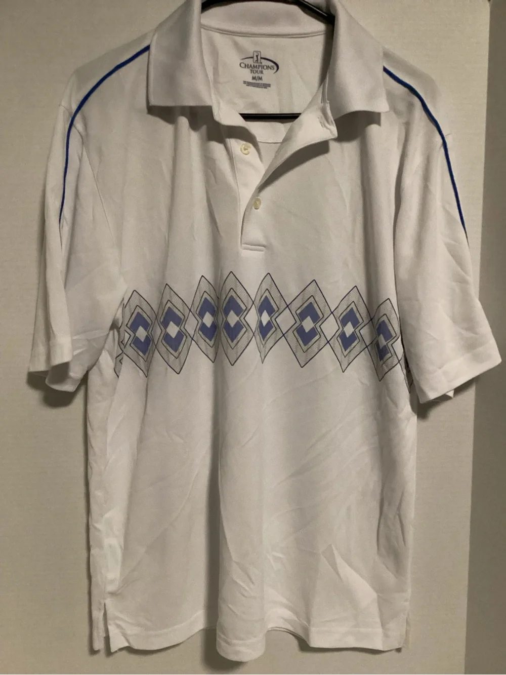 Champion White Polo with Blue Diamond Chest Pattern *GOLFWEAR* Size M - Picture 2 of 5